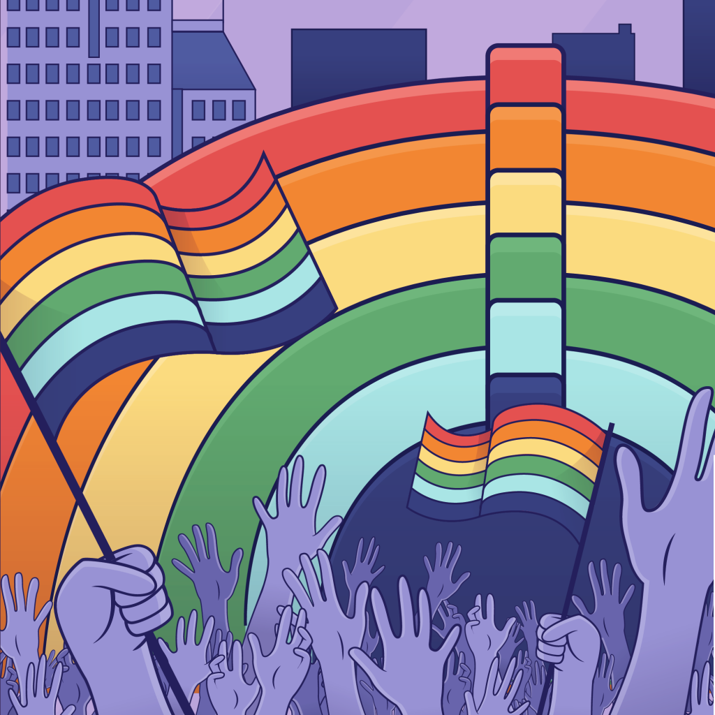 Graphic of Lake Eola Amphitheater in Rainbow with hands